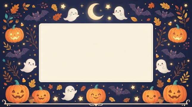 Cute Halloween Clipart Border with Blank Copy Space on Dark Background