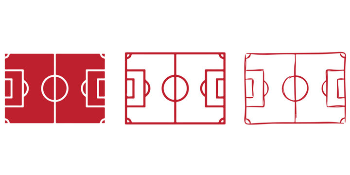 Set of three soccer field icons with different styles including flat and hand drawn outlines