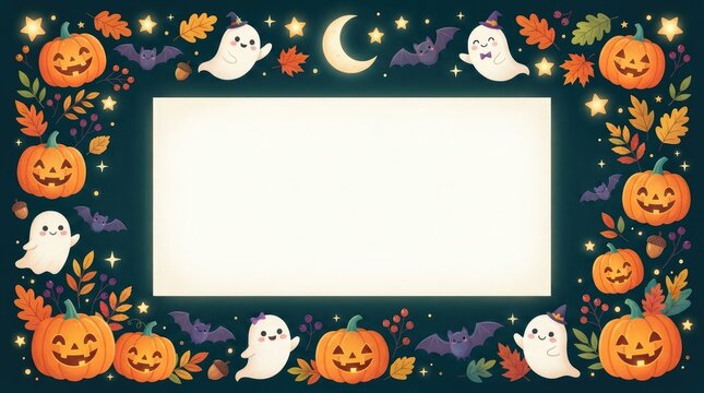 Cute Halloween Clipart Frame with Ghost in Witch Hat and Pumpkins