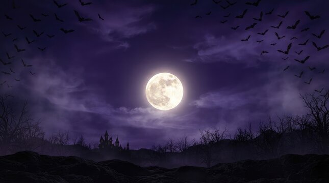 Haunted Castle Silhouette Under Bright Full Moon with Flying Bats