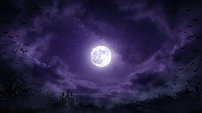 Spooky Halloween Night Landscape with Full Moon and Haunted House