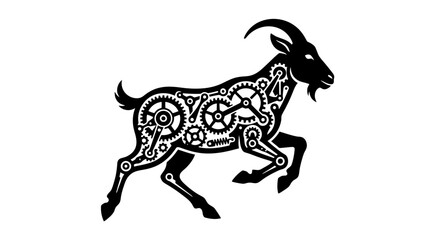 Fototapeta premium Steampunk Goat Silhouette Vector Illustration, Mechanical Running Goat with Internal Gears and Cogs, Industrial Robotic Ram Mascot Logo, Black and White Cybernetic Animal Icon Design