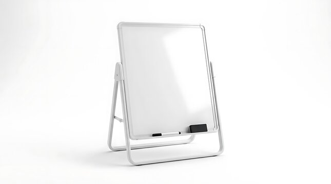 Portable white board on metal stand for presentations.