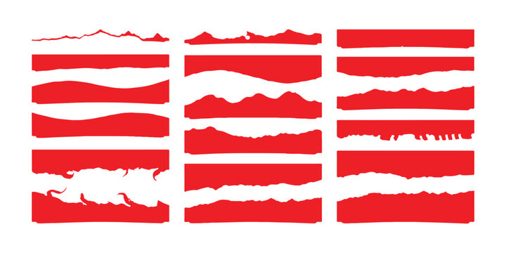 Set of various red paper strips with torn edges and rough textures for scrapbooking