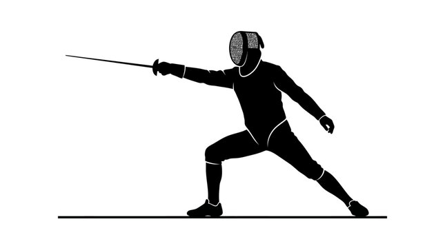 Fencer silhouette lunging forward with sword isolated on white background