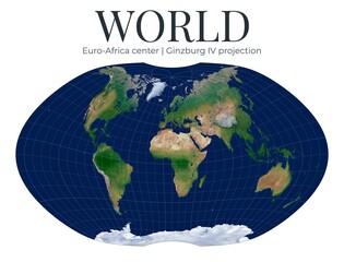 World Map, Ginzburg IV projection. Compromise world projection with smooth shapes for general use. High detail physical map. Euro-Africa center, lat 10, lon 10. © Eugene Ga