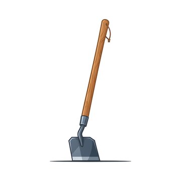 Gardening hoe with steel blade for soil cultivation. Essential farm tool for digging, weeding, and planting preparation.