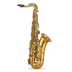 Naklejka premium Golden saxophone standing upright on white background. Vintage brass jazz instrument isolated for music branding and design projects.