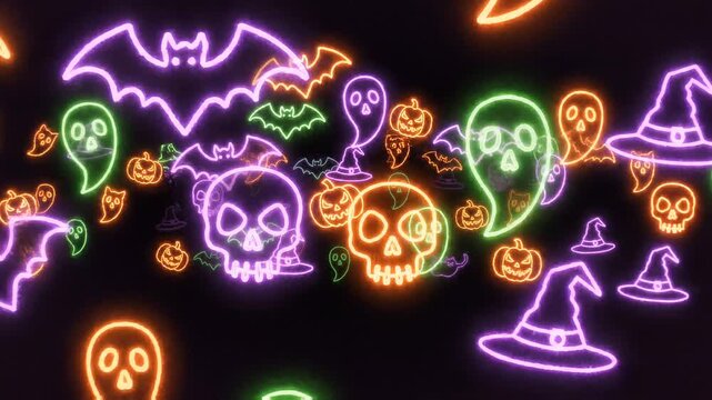 Colorful neon Halloween icons like skulls and ghosts floating in a dark digital space