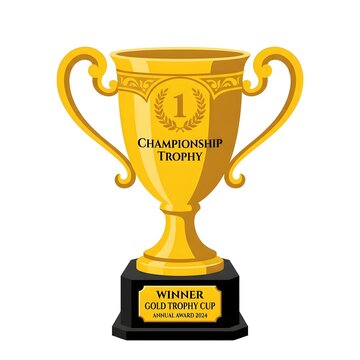 Championship trophy cup awarded for first place victory. Golden sports award with engraved winner plaque for competition success.
