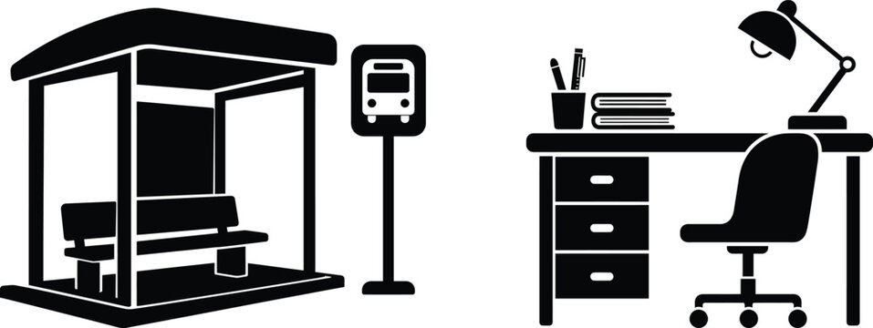 Bus Stop Shelter and Study Desk Black Silhouette Icon Set for School and Student Life