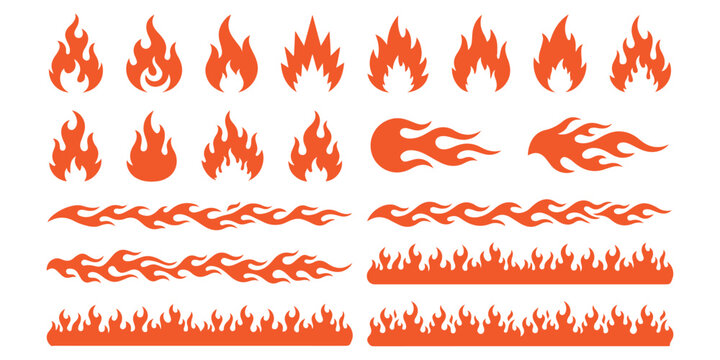 Set of various fire flame icons and decorative borders in orange and red colors