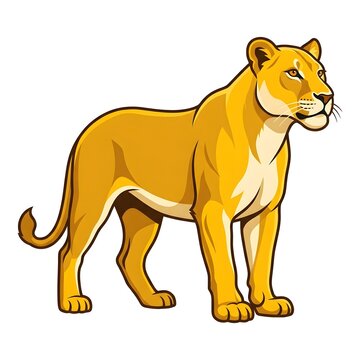 Cartoon lioness standing in side profile view. Stylized vector illustration of a wild female African big cat in golden savanna pose.