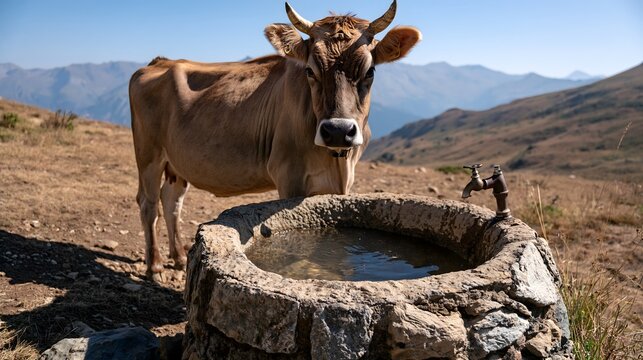 Kuh an einer fast ausgetrockneten Viehtr&auml;nke auf trockener Alpweide