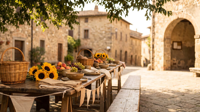 Rustic summer feast preparation on a long table in an old European village square, ideal for advertising with ample copy space.