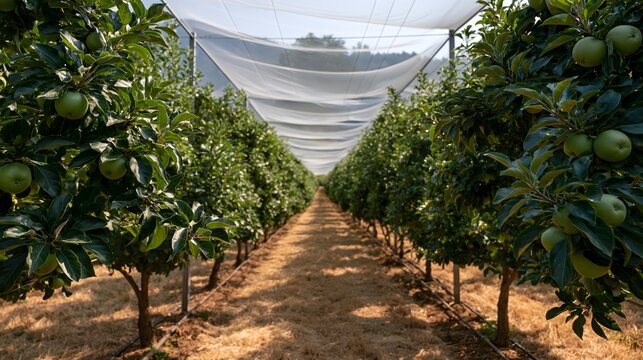 Moderne Apfelplantage mit weissem Schutznetz zur Sicherung der Ernte