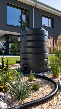 Regenwassertank mit Sammelschlauch f&uuml;r eine wassersparende Gartenbew&auml;sserung
