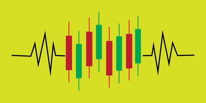 Candlestick chart with heartbeat line icon set isolated on white background