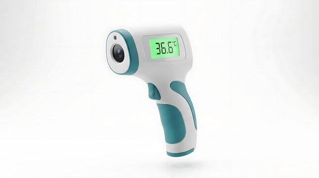 Digital infrared forehead thermometer showing normal body temperature.