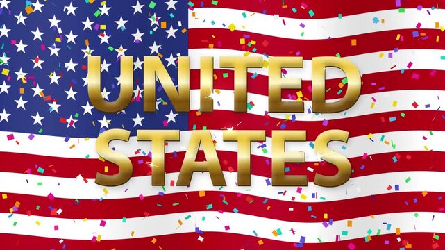 Waving United States Flag with Gold Text and Falling Confetti