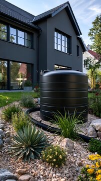 Regenwassertank im Vorgarten eines modernen Einfamilienhauses