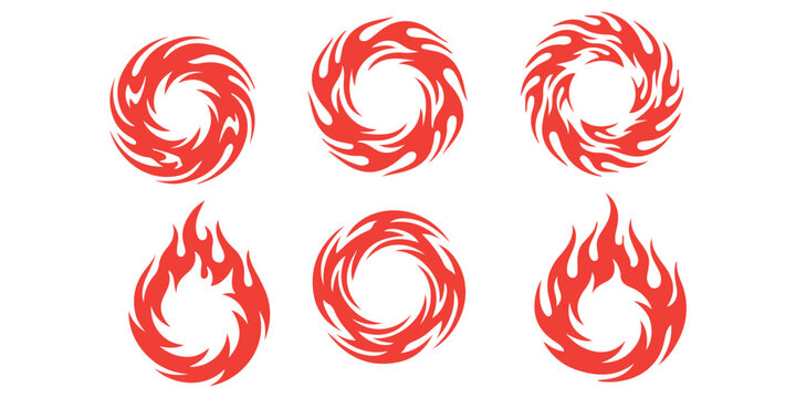 Set of abstract fire flame circle icons and round burning shapes for design elements