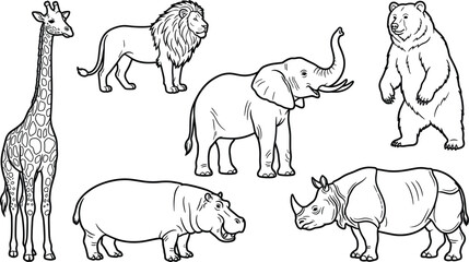 Wild animal line art vector collection featuring giraffe, lion, elephant, bear, hippopotamus, and rhinoceros hand drawn safari wildlife illustrations © Yevhenii creative