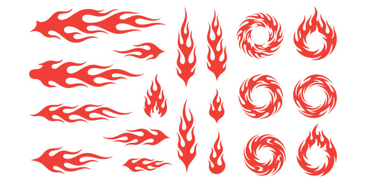 Set of red fire flames and burning circle icons for racing stickers and graphic design elements