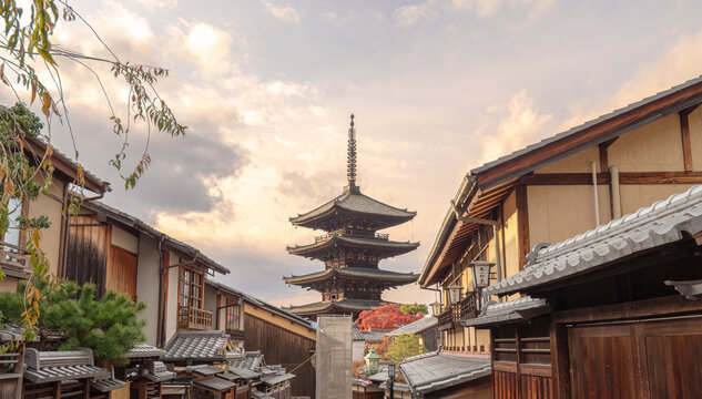 Gion District, Historic Geisha Quarter and Traditional Cultural Landmark in Kyoto, Yasaka Pagoda (Hokan-ji Temple) Rising Above the Historic Streets of Gion District in Kyoto, Japan
