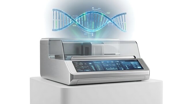 Laboratory DNA sequencer machine with glowing hologram display.