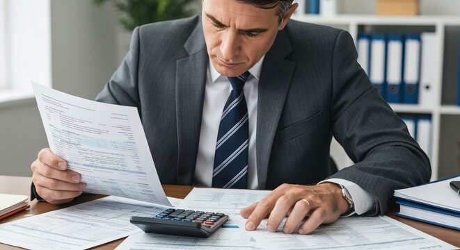 A Professional Male Financial Advisor Reviewing Tax Documents and Calculating Monthly Expenses