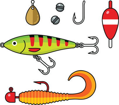 Cartoon fishing tackle vector set featuring colorful hard lure, soft plastic grub, spinner, jig head, hook, sinkers, and float, isolated on a white background for angling and outdoor design.