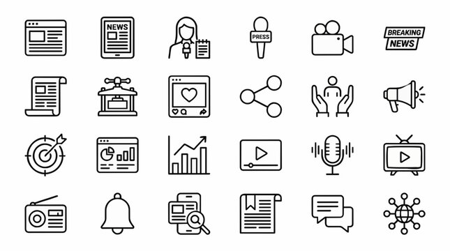 News media and digital marketing thin line icons with publishing broadcast analytics content and social media