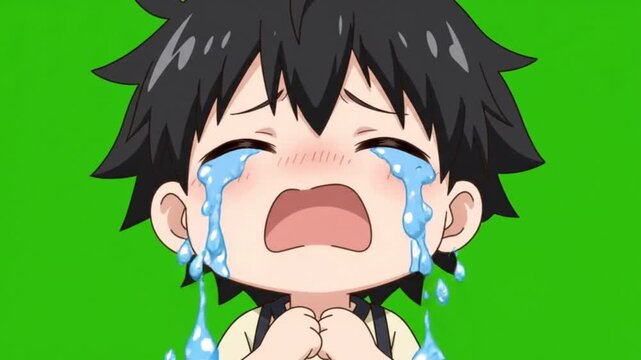 Cute Anime Boy Crying Out Loud with Stream of Tears on Green Screen. 4K Video