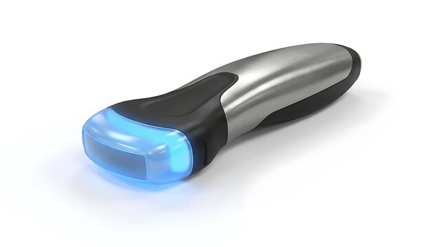 Modern handheld ultrasound transducer probe for medical imaging.