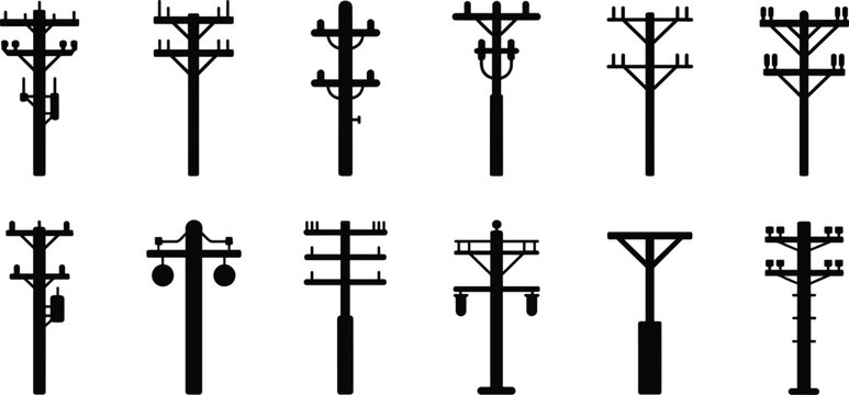 Collection of black silhouette utility poles with various insulators and equipment power line electricity