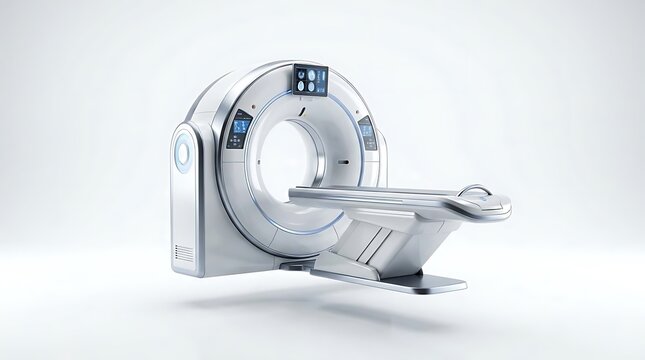 Modern medical CT scanner machine on white background.
