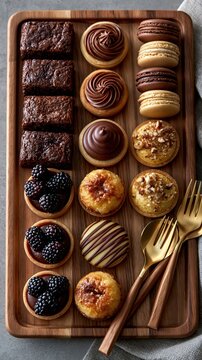 Assorted pastries arranged on wooden serving tray with forks