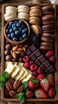 Assorted macarons chocolates and berries arranged on wooden board