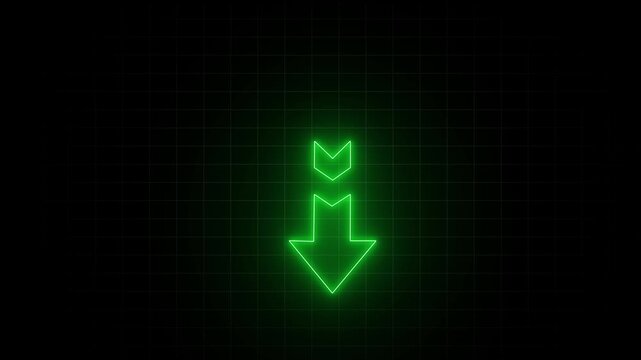 Abstract Directional arrow animation. signal icon. green colour a moving arrow pointing to the up to down, on black background.Abstract glowing down arrow icon animation 4k video.