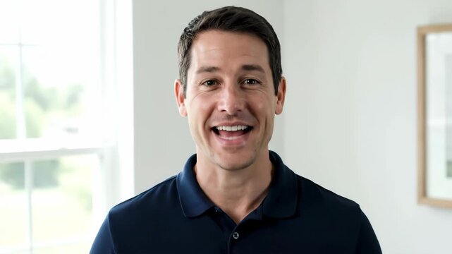 Close-up of a man smiling indoors, with a man smiling face-to-face