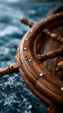 Detailed polished wooden ship wheel close-up with wet texture and blurred blue sea for nautical background and banner design