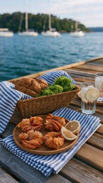 Fresh seafood picnic on a wooden pier with striped napkins for summer background and seaside banner design