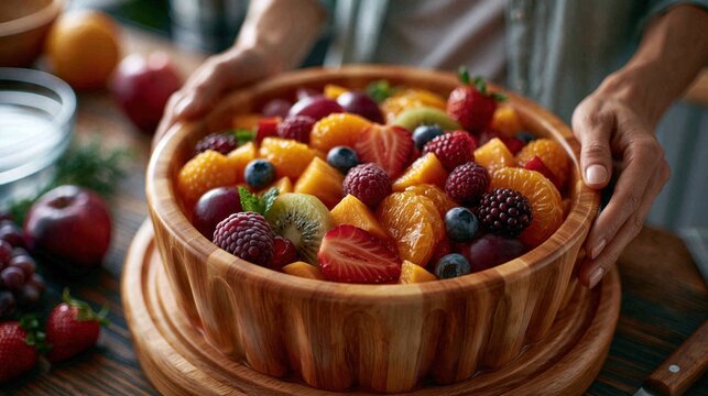 Colorful mixed fruit salad in a wooden bowl with oranges, berries and kiwi for summer dessert background and healthy recipe banner