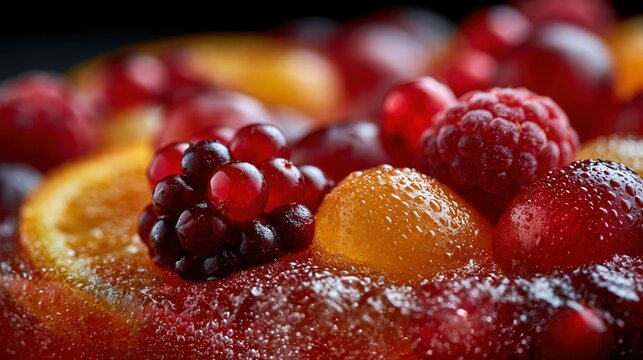 Close macro detail of glossy fruit jelly with raspberries blackberries and citrus for food background and culinary banner