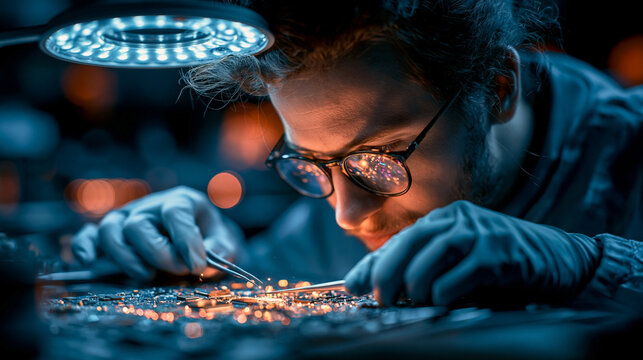 A close-up, high-resolution shot of a scientist wearing gloves and protective glasses, carefully inspecting a microscopic integrated circuit board under a bright light.