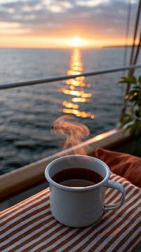 White enamel coffee mug on a sailboat railing at sunrise for cozy morning background and travel banner design