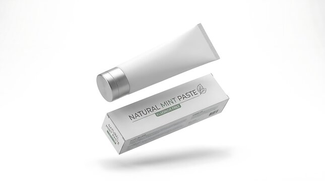 Natural mint toothpaste tube and box on white background.