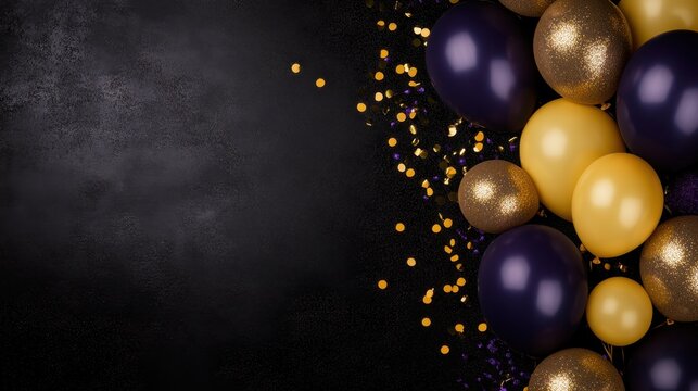 Elegant gold and black balloons with confetti for celebrations and parties