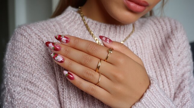 Young female with floral nail art and gold rings on knitted sweater background